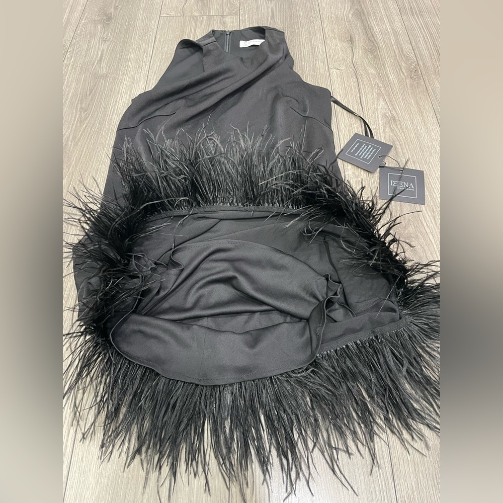 leena for Mac Duggal Crewneck Faux Feather Hem Cocktail Dress‎ NWT Sz 4 - Picture 12 of 13